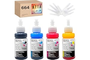 ATTA 664 Ink Bottle Refills Compatible with Epson T7741 T6642 T6643 T664 Ink Multipack for ET-2650 ET-2500 ET-2550 ET-2600 ET-4500 ET-14000 L100 L110 L350 L355 L555 (Black, Cyan, Magenta, Yellow)