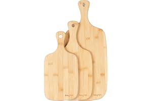 Salter Wooden Chopping Boards - 3 Piece Bamboo Chopping Board Set - 30cm, 35cm, 45cm, Chop, Cut & Carve Meat, Vegetables, Cheese & Bread, Protects Worktops, Paddle Handles with Hooks, BW06732EU7