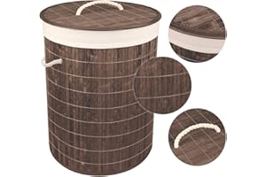 NEWTY Cesto de Bambú con Tapa para la Ropa Sucia Compartimento Cubo Colada Lavanderia Plegable con Asa de Cuerda Cesta de Almacenamiento Organizador Cubierta Bolsa Extraíble Laundry Basket (Rdo. M Ébano)