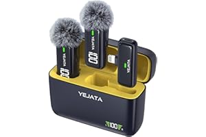 YEJATA Microfono Inalambrico para iPhone iPad con transmisor Pantalla Digital y Estuche de Carga 40 Horas, micrófono Lavalier inalámbrico con Clip para grabación de Video - Juego de 2