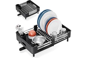 ‎KINGRACK KINGRACK Abtropfgestell Geschirr, Erweiterbares Abtropfgestell für Küchentheke, Faltbares Edelstahl Geschirrabtropfgestell mit Abnehmbarem Besteckhalter, Kratzfestem Teller-Gestell, Schwarz