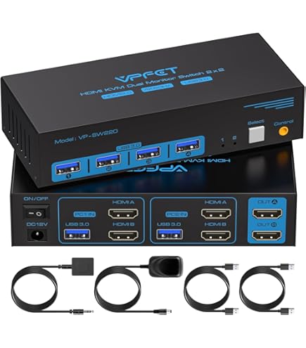 4K/60Hz HDMI KVM Switch 2 Computers 3 Monitoren, HDMI KVM Switcher 2-in-3 Out voor 2 PC delen 3 monitoren en 1 set toetsenbordmuis en andere USB-apparaten