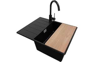 PRIMAGRAN Granitspüle Schwarz 62x50cm, Spülbecken 1 Becken + Küchenarmatur 32x20cm + Zuberhor-Set, Küchenspüle ab 45er Unterschrank - Kopenhagen S218