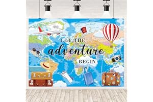 BUTEN Adventure Awaits Toile de fond de 2,1 x 1,5 m sur le thème du voyage pour photographie « Let The Adventure Begin » - Carte du monde pour remise de diplôme, voyage, fête d'anniversaire, fête prénatale,