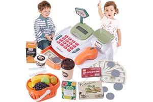 Qivange Toy Till Cash Register for Kids Toys Shop Age 3 4 5 with Scanner, Play Money Pretend Toddler Toys with Food Fruit Basket Caculator, Role Play Shop Toys Childrens Till Birthday Gift