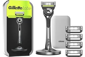 Gillette Labs męska golarka na mokro, golarka z elementem czyszczącym + etui podróżne do przechowywania w podróży + 5 ostrzy do golenia, stacja magnetyczna premium, 1 sztuka (1 opakowanie)