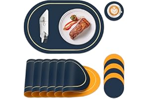 BEIJIE Table Mats Set of 6, Dual Sided PU Leather Placemats and Coaster Sets 6, Heat Resistant Non-Slip Oval Place Mats for Table, Washable Wipeable Placemat for Dining Party Outdoor (Navy Blue and Yellow)