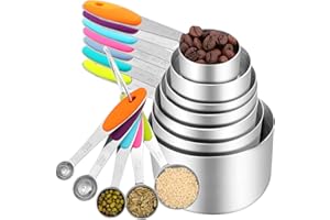 JEFFOUOO 12 Stück Messlöffel Messbecher Set,7 Cup Messbecher Edelstahl & 5 Messlöffel,Measuring Cups mit Rutschfestem Silikongriffen,Stapelbare Messlöffel für Messen Trockene und Flüssige Zutaten