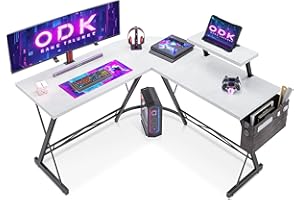 ODK Scrivania Angolare, Scrivania Gaming 127x127cm con Supporto per Monitor, Scrivania Bianca con Porta Cuffie per Gamer