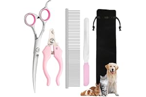 QJFHURB ciseaux toilettage chien 4 pièces professionnel du chien pour Chien Lame Gromming Courbé pour Chien incurvés Rond Sécurité Acier Inoxydable Tondeuse Acier Incurvé 1 Peigne Chien 1 Sac De Rangement