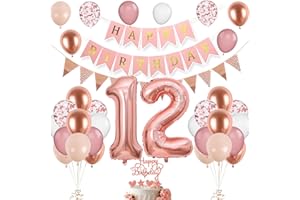 VUCDXOP 12th Birthday Decorations for Girls,12th Birthday Balloons with Number 12 Foil Balloon Rose Gold Pink and White Balloons with Happy Birthday Banner Birthday Cake Topper for 12th Party Decoration