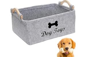 YSFVNP Dog Toy Storage, Dog Toy Box, With Wooden Handle and Cute Pattern Organizer Storage Basket for Pet Toys, Blankets, And Embroidered Dog Toys for Home Hiking (Grey 38x25x18 cm)