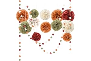 NICROLANDEE Seidenpapier Pompons Deko 15 Stück, Orange Salbei Grün Tissue Papier Pom Poms und Dots Papier Girlande, Herbst Ernte Party Dekorationen für Hochzeit, Geburtstag, Gartenparty Deko
