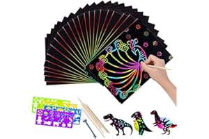 DesignBox 50 Sheets Scratch Art Paper Set for Kids, Scratch Off Paper Black Magic Rainbow Painting Boards with 5 Wooden Stylus and 4 Drawing Stencil Rulers and 1 Small Brush (Coloful)