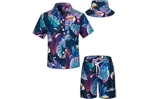 TUNEVUSE Little & Big Boys Hawaiian Button Down Shirts and Short Sets with Bucket Hat Summer Outfits Printed Kids Cabana Set