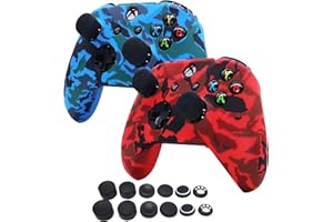 HLRAO Agua Transferir Impresión Camuflaje Silicona Cubrir la Piel Caso para Xbox One X/One S Controlador x 2 (Rojo & Azul) con empuñaduras Pro x 12