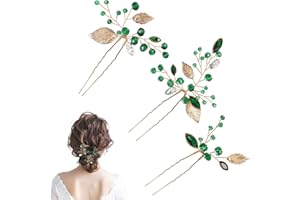 SLIVERDEW Brautblatt Haarnadeln,3 Stück Smaragdgrünes Haar Zubehör für Frauen Braut Hochzeit Haarnadeln Vintage Gold Blatt Vine Barrettes Grün Strass Haarspangen Braut Haarschmuck