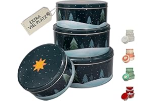 INSPINOVIA Keksdosen 4er Set | Ideal für Weihnachtsplätzchen & andere Leckereien | 4 Größen im Set | Gebäck & Aufbewahrungsdosen in bezaubernden Designs für viele Anlässe (Tannenbäume im Schnee)
