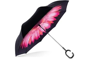 EEZ-Y Inverted Umbrella w/Windproof Double Layer Construction - Reversed Folding for Car Use - C-Shaped Handle for Hands-Free Use (Lady Pink)