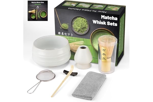 7pcs Matcha Kit Cérémonie Japonaise,Ensemble de Fouet à Matcha,Coffret Matcha pour la Cérémonie du Thé,Il Peut Aussi Être Offert en Cadeau à des Amis ou des Collègues (Matte White, Bamboo Brush)