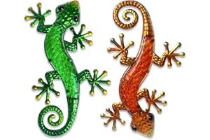HONGLAND Metall-Wandkunst, Gecko/Eidechse, Outdoor-Dekoration, hängende Glas-Skulptur, Wandkunst-Dekorationen für Garten, Zaun, Zuhause, 2 Stück, 38,1 cm, Grün/Orange