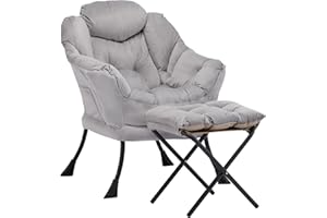 Aunekiv Armchair with Footstool, Modern Accent Chair with Steel Frame, Comfy Reading Chair with Side Pocket, Upholstered Lazy Chair with Ottoman for Small Space, Bedroom, Living Room, Grey