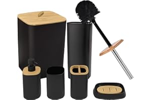 DIVCHI 6-teiliges Badezimmer-Zubehör-Set, luxuriöses Zubehör-Set, Badezimmer-Mülleimer und WC-Bürste, Zahnbürstenhalter, Becher, Seifenschale, Mülleimer, Seifenspender, Badeset, Geschenk, Schwarz