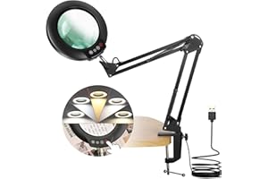 Veemagni 10X Magnifying Glass with Light, 5 Color Modes Stepless Dimmable, Adjustable Swing Arm LED Lighted Desk Lamp with Clamp, Hands Free Magnifier with Light and Stand for Craft Hobby Close Works