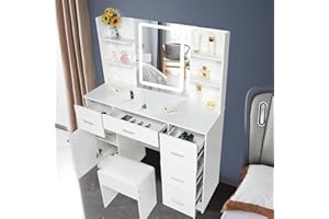Puselo Vanity Desk,Makeup Vanity Table with Lighted Mirror,3 Lighting Modes Adjustable Brightness,Large Vanity Desk with Drawers and Stool,Vanity Bedroom Dressing Tables Furniture for Girls