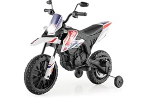 FANTASK 12V Elektromotorrad für Kinder 5,5-6 km/h, Kindermotorrad mit Stützrädern & Musik & Scheinwerfer, schwarz-weißes Motorrad für Kinder von 3 bis 8 Jahren