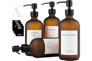 MONOKO 4er Set Seifenspender Braun Matt aus Glas | 500ml Shampoo Flaschen zum Befüllen | Spülmittelspender Küche | Spender Pumpkopf Edelstahl | Pumpflasche + Aufkleber