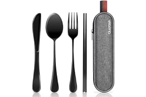 Quatish Camping Besteck, 5 Stück Edelstahl Reisebesteck mit Etui, Besteckset to Go, Edelstahl Bestecktasche für Unterwegs, Outdoor, Reise, Arbeit, Schule, Schwarz