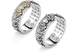 Kucheed Feng Shui PiXiu Bague, Réglable Mantra Bagues pour Hommes Femmes,Sutra Mani Amulette Gravée Protection Richesse Amour Prospérité,Rétro Bouddha Ancien Lucky Band Bijoux Cadeau (2 Pièces - D)