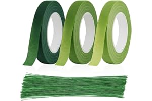 YAOSHENGUP 3 Rolls Florist Tape, 100pcs Floral Wire, Floral Arrangement Kit, Green Floristry Supplies, Bouquet Tape for Bouquet Stem Wrapping and DIY Handcrafts (30 Yard/Roll)