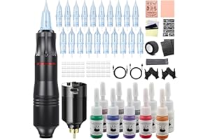 Biomaser Zestaw bezprzewodowej maszyny do tatuażu, 1400 mAh, z 20 igłami do tatuażu, 10 butelek z tuszem do tatuażu, dla początkujących i artystów