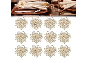 MOVKZACV Rond de Serviette pour décoration de Table de Mariage, Boucle de Serviette en Maille 3D en métal ajourés en Forme de Fleur serti de Diamants(Or - 24 pièces/Ensemble)