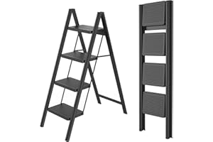 FIVMEN Scala pieghevole a 4 gradini, con pedana larga, portata fino a 270 kg, colore: nero