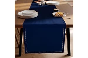 Encasa XO Runner da Tavolo | Puro Cotone con Design Orlato | Dimensioni 32x150 cm | Scotch Blue - Lavabile in Lavatrice