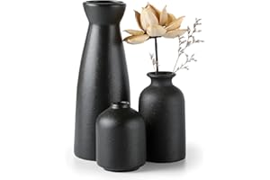 CEMABT Black Ceramic vase Set-3 Small Flower vases for Decor,Modern Boho Farmhouse Home Decor,Decorative vase for Pampas Grass&Dried Flowers,idea Shelf,Table,Bookshelf ，Entryway- Distressed