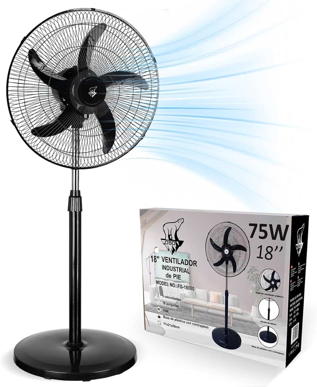 Lirixia Ventilador de Pie Industrial 75W, Aspas de 45 cm (18"), 3 Velocidades Ajustables, Silencioso, Oscilante, Altura Regulable, Base Reforzada, Adecuado para Hogar, Oficina y Almacén, Negro