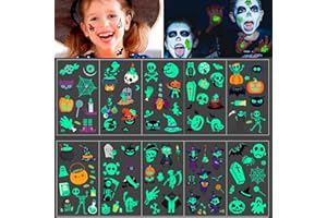 Tatouage Temporaire Enfant, Lumineux Halloween Tatouage Ephémère Autocollant, Halloween Kit Tatouage pour Garcon Filles Enfant fête d'halloween Cadeau Annivairesaire