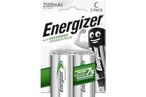 Energizer Recharge Power Plus - Pile C Rechargeable (Lot de 2) - 2500 mAH NiMH - Emballage 100% Recyclable et sans Plastique
