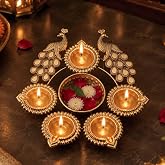 Ascension Peacock Diya Shape Decorative Urli Bowl for Home Decor with 5 Attached Oil Diyas for Floating Flowers and Tealight 