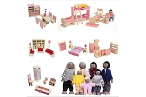 DecoBay Wooden Dolls House Furniture 4 Sets, 5 Sets, 6 Sets Bedroom, Kitchen, Bathroom and Living Room with Family Dolls (6 Sets of Rooms and 7 Black Family Dolls)