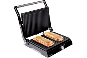 Mellerware -Parrilla Eléctrica Hotty!2200W, Revestimiento Antiadherente, Regulador Temperatura LED, Obertura 180º, Placas Adaptables, Superficie 29×46cm, Grill Acero Inoxidable, Libre PFOA,Multicolor