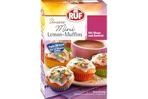 ‎RUF RUF Mini-Lemon-Muffins, Backmischung mit Zitronen-Geschmack, Zitronenglasur und buntem Konfetti Streudekor, mit 20 bunten Muffin-Förmchen, 1 x 350g