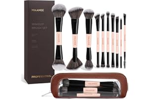 MAANGE 10 PCS Makeup Brush Set with Case, Dual-Ended Professional Foundation Eyeshadow Blush Makeup Brushes Kit, Synthetic Vegan Hair Soft Face Cosmetics Brushes for Liquid Powder Cream