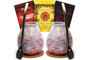 Mate Green Yerba Mate Tee Trink-Set für zwei Personen 3x50g verschiedene Arten von Mate Tee, 2 matera, 2 bombillas Geschenk für Paare