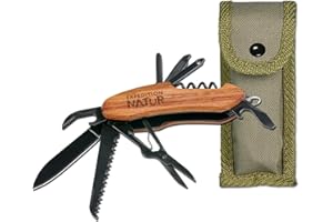 MOSES Expedition Natur Couteau de poche d'extérieur avec manche en bois, outil multifonction 9 en 1, pour le camping et l'extérieur, pour enfants à partir de 8 ans