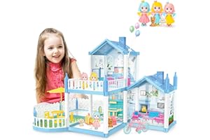 deAO Casa de Muñecas con 3 Princesas, Muebles y Accesorios, Villa Casa de Muñecas de Ensueño para Niñas, Pequeñas 4 Habitaciones, 1 Balcón, 1 Jardín, Regalo para Niñas de 2 a 8 Años (Azul)